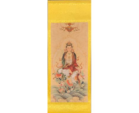 A fine Chinese print on a silk mounted scroll of the goddess Guanyin, scroll size 67 x 189cm.