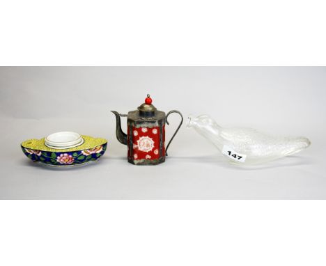 A mid 20th century Chinese glass baby bottle with a porcelain inkwell and a metal mounted porcelain teapot.