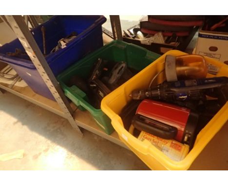 Three boxes of mixed tools including skill saw jig saw and hand tools plus two folding camping tables