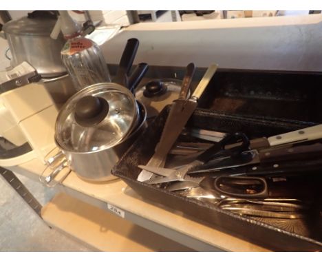 Shelf of mixed kitchen ware including blender pans soda syphon cutlery etc 