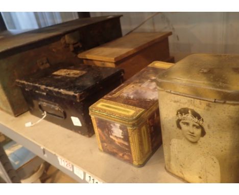 Shelf of mixed metal and wood boxes and collectors tins 