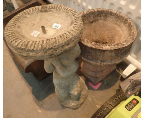 Heavily reconstituted stoneware bird bath and planter on pedestal