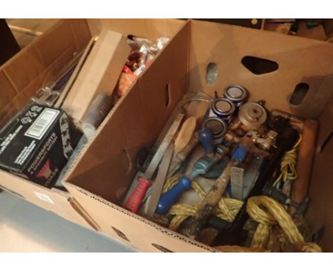 Two boxes of mixed tools including tow rope 