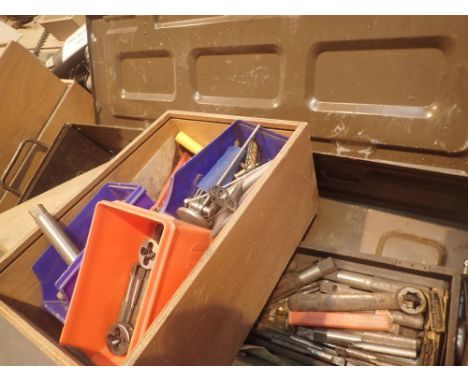 Box of mixed tools including taps and dies