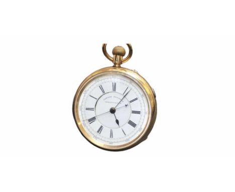 18ct gold centre second chronograph pocket watch 18ck gold case and dust cover. Total weight 143.2 grams