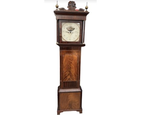 An early 19th century long case clock, flame mahogany case, painted dial with 8 day movement 