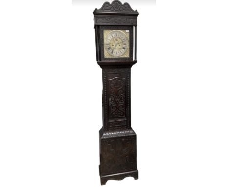 18th century long case clock (carved) brass &amp; silvered dial by John Holroyd 