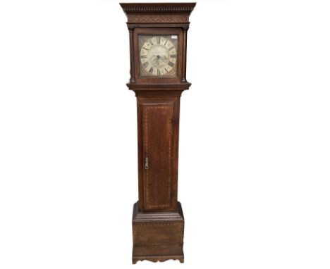 18th century oak long case clock, 30 hour movement striking on a bell. Brass 1 fingered dial by Abraham Fisher . Sutton 