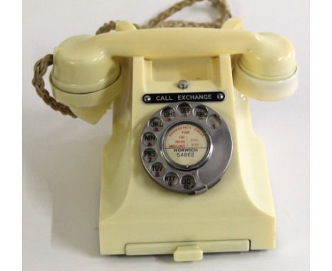 GPO vintage Bakelite telephone in ivory, model number 312L, paper label "Norwich 54862", base drawer, cream cable and modern 