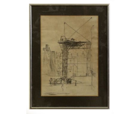After Will Roberts, Building site with crane, black and white lithograph, 42 x 30cm