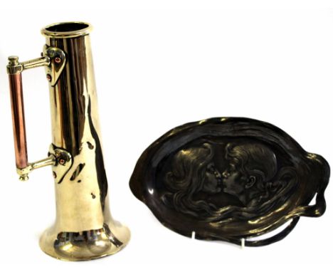 WMF pewter dish in Art Nouveau style, embossed with young lovers, design number 196, stamped with maker's initials to edge, 2