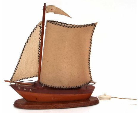 Mid-20th century wooden model sailing boat table lamp with composition sails, 34cm wide x 43cm tall