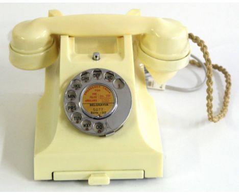 GPO vintage Bakelite telephone in ivory, model number 300 with drawer, paper label "Belgravia 5077 extn/35" with beige cord a