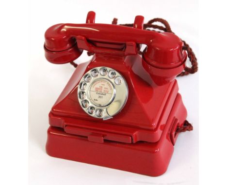 GPO vintage Bakelite telephone in red, model number 232 (S56/2), paper label "Coltishall 361", base drawer, red cord and with