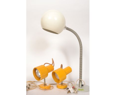 A 1970's retro golf ball anglepoise desk lamp together with a pair of 1970's yellow wall mounted anglepoise spot lights. H=66