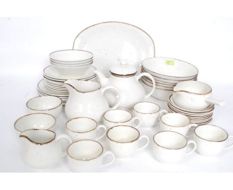 A retro style Johnson Bros ' Desert Sand ' dinner tea service comprising cups, saucers, teapot, plates etc