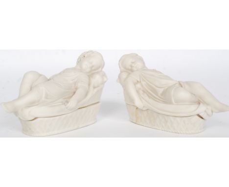 A pair of 19th century Copeland Parian ware porcelain cherub trinket pots. Each with weave basket bases, one with boy , the o