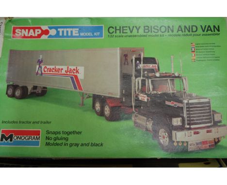 Three boxed road transport plastic kits to include a 1/25 scale Revel Peter built 359 lorry, a Monogram snap-together Chevvy 