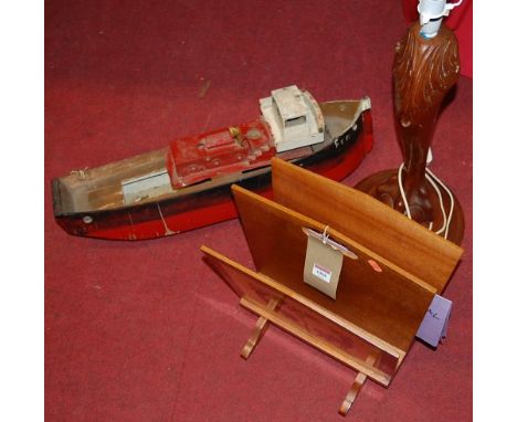 Mixed lot  to include modern marquetry magazine rack, table lamp and a wooden steam launch (incomplete), *** TOGETHER with ma