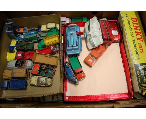 A large quantity of mixed playworn Corgi and Dinky toys one example is part boxed, others to include a Dinky AC Hoynor car tr