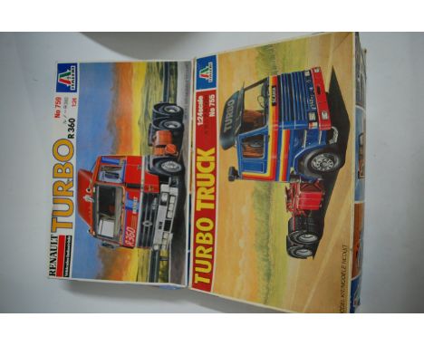 Two boxed Italeri 1/24 scale plastic road transport kits to include No. 755 turbo truck and No. 759 Renault R360 turbo   Cond