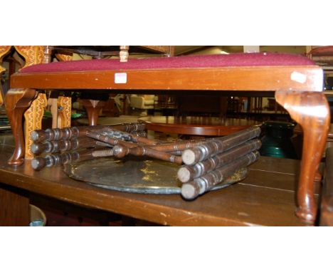 Occasional furniture to include; tapestry upholstered long footstool, hexagonal Moorish occasional table, Benares folding occ