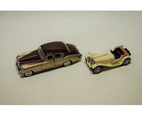 Two boxes Franklin Mint 1/24 scale diecasts to include a 1938 Jaguar SS100, and a precision cast Franklin Mint model of a 195