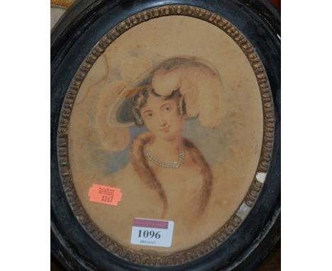 Early 19th century school bust portrait of Lady Hamilton with pearl choker, watercolour, framed as an oval, 19x14cm