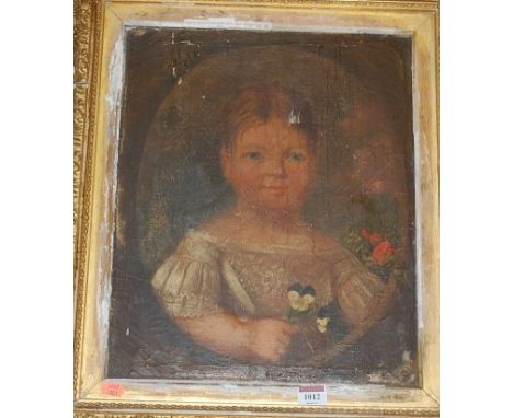 Late 19th century English school, half length portrait of a girl holding a posy of flowers, oil on canvas (distressed), 42x34