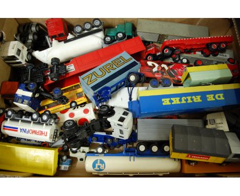 A tray of mixed scale road transport and public transport diecast vehicles to include  Lion Car, Corgi Major, Mira, and vario