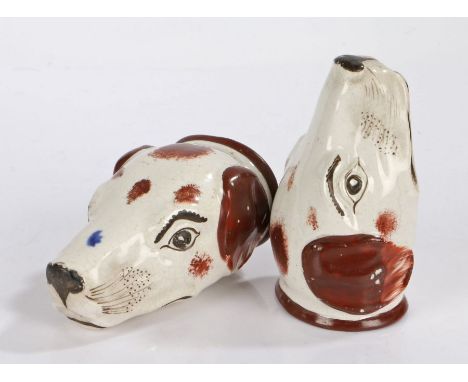 Pair of 19th Century enamel stirrup cups, 1820/1830, in the form of dog heads with brown ears and speckled decoration, 11.5cm