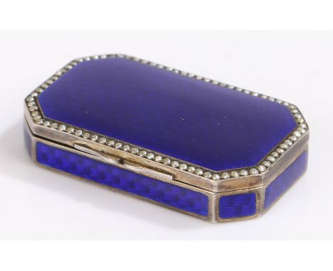 George V silver and enamel box, import marks for Birmingham 1912, Steinhart &amp; Co. having blue enamel body, the hinged lid