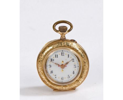 Continental 14 carat gold and enamel pocket watch, the enamel caseback depicting a mountainous landscape scene with pearl set