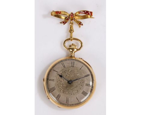 Edwardian 15 carat gold and enamel pendant watch, the tied bow pendant with red enamel ground and white dot decoration, the w