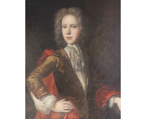 * Follower of Sir Peter Lely (1618-1680),Half length portrait of a young man with lace cravat and red cloak,Oil on canvas,Uns