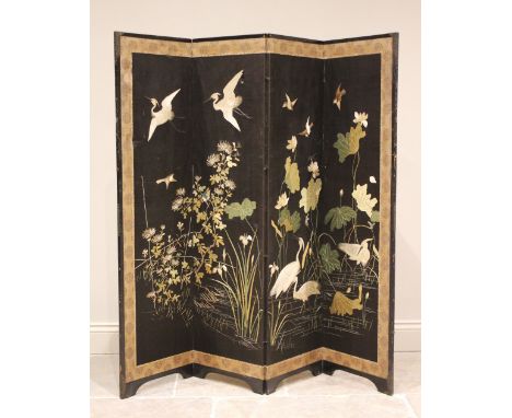 * A Japanese three-fold room screen, the four silkwork panels decorated with wading and in flight cranes, each panel lined an