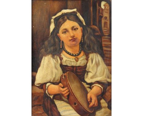 * Continental school (19th century),Portrait of a girl playing the tambourine,Oil on board,Unsigned,29cm x 20cm,Gilt framed