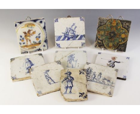 A collection of ten delft tiles, 18th century and later, to include a ship decorated example 13cm x 13cm, two polychrome deco