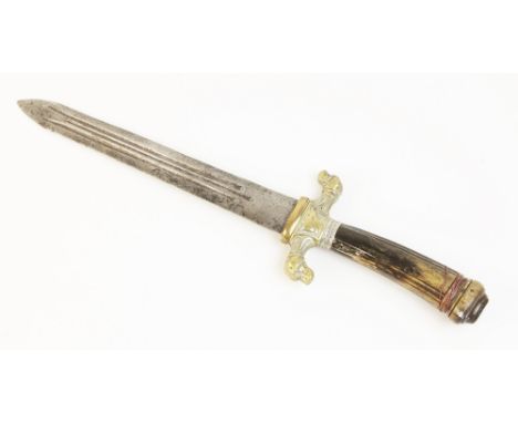 A hunting short sword, 19th century, probably German, the 23.5cm double edged blade with triple fullers, the hilt with cast b