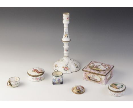 An 18th century Bilston enamel candlestick, of knopped form on shaped base, decorated with floral springs, 27.5cm high (at fa