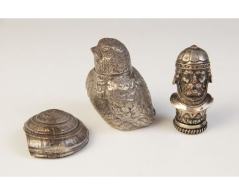 An early 20th century silver coloured novelty pepperette in the form of a chick, 6cm high, a Victorian silver plated novelty 