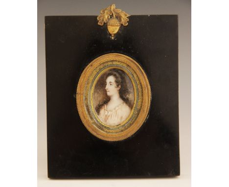 English school (19th century),A portrait miniature depicting a young lady,Watercolour on ivory,Unsigned,4.5cm x 3.5cm,Brass m