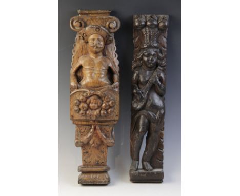 A carved oak figural term, circa 1600, the standing figure carved playing a mandolin, 41cm long, together with a 17th century