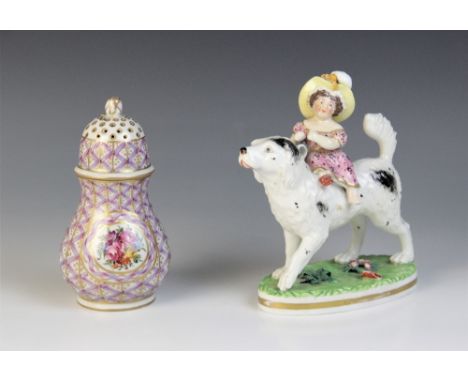 * A Derby figural group naturalistically modelled as a young girl riding a large dog, 19th century, painted maker's mark to b