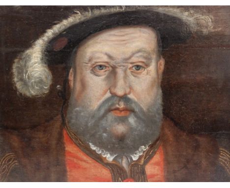 Follower of Hans Holbein (German, c. 1497-1543),A portrait of Henry VIII,Oil on panel,Unsigned, applied labels (see notes bel