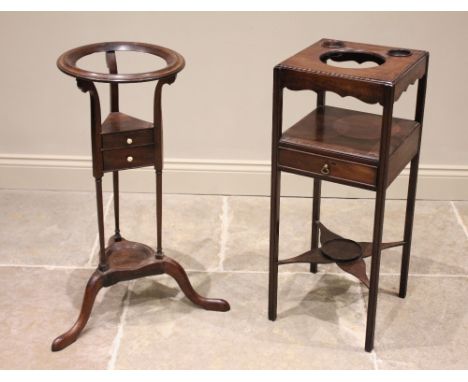 A George III mahogany washstand, the square top with barber pole banding to the edge, and central bowl aperture, above the lo