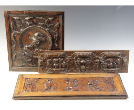 A late 17th century naïve carved oak panel, designed with three dancing figures, 22cm x 53cm, a Romayne type carved oak panel
