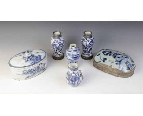 A selection of 18th century Chinese blue and white porcelain, to include a celadon segment or fragment box and cover, 20cm hi