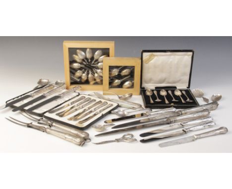 A selection of silver, silver mounted and silver coloured cutlery, to include a cased set of six George V silver teaspoons, C