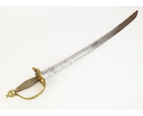 A German sword, 18th century, the 58.5cm single edged curved fullered steel blade with bayonet tip, each side etched with a l